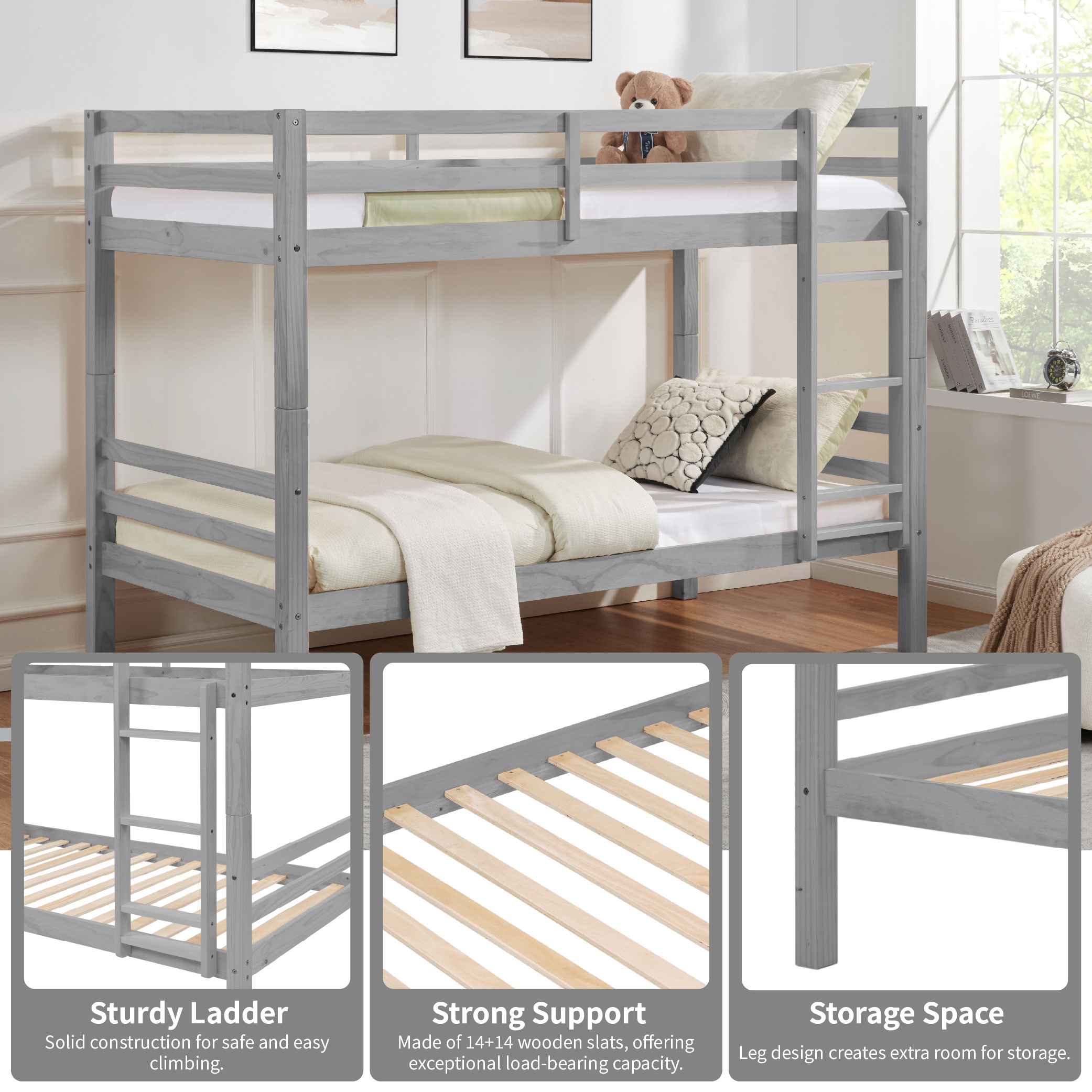 Twin over Twin Bunk Bed with Thick Posts,Wooden Bunk Bed with High Guardrail and Ladder for Kids, Teens, Dorm Rooms, and Guest Rooms,No Box Spring Needed,Grey Twin over Twin Bunk Bed with Thick Posts,Wooden Bunk Bed with High Guardrail and Ladder for Kids, Teens, Dorm Rooms, and Guest Rooms,No Box Spring Needed,Grey